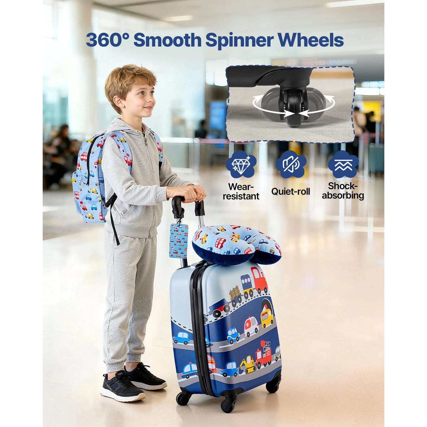 SucceBuy Kids Luggage Set 5 Piece 18 Inch with Backpack & U-shape Pillow Holiday Birthday Gift for Girl Boy Airline Approved