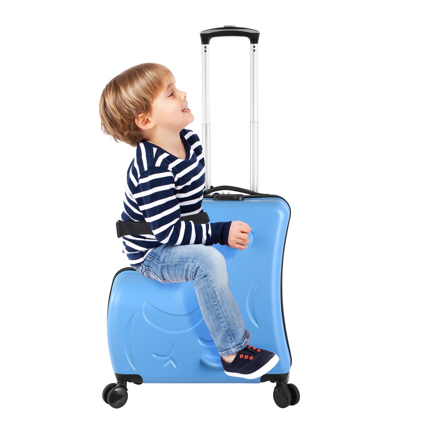 22-24 Inch Blue、Pink、Yellow Kids Ride-On Suitcase with Cartoon Stickers | Fun Travel Luggage with Wheels | Children's Trunk for 3-6 Years Old