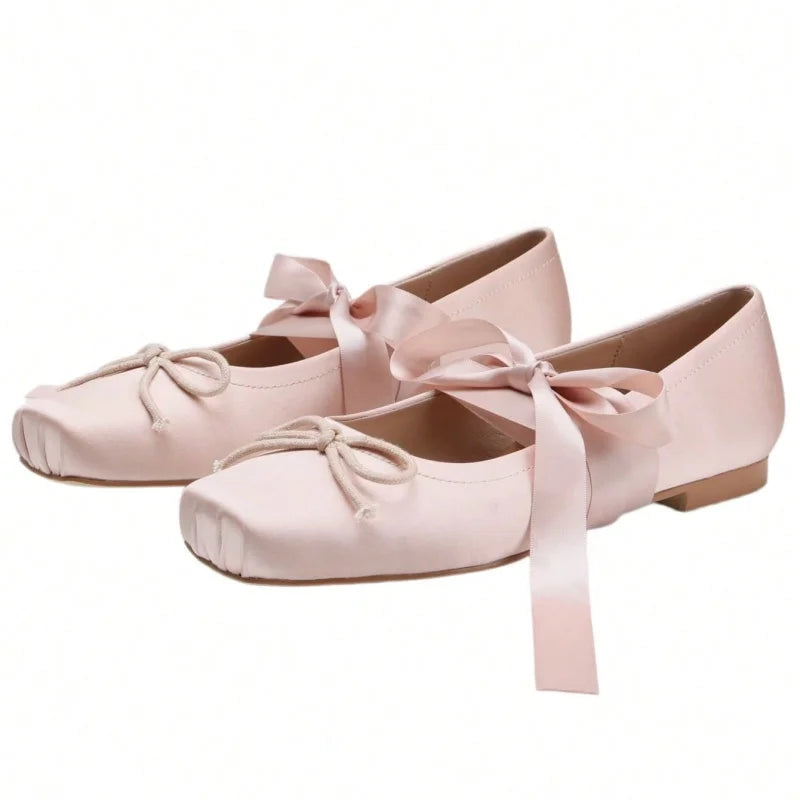 Women Satin Square Toe Ballet Flats With Ankle Ribbon Bow
