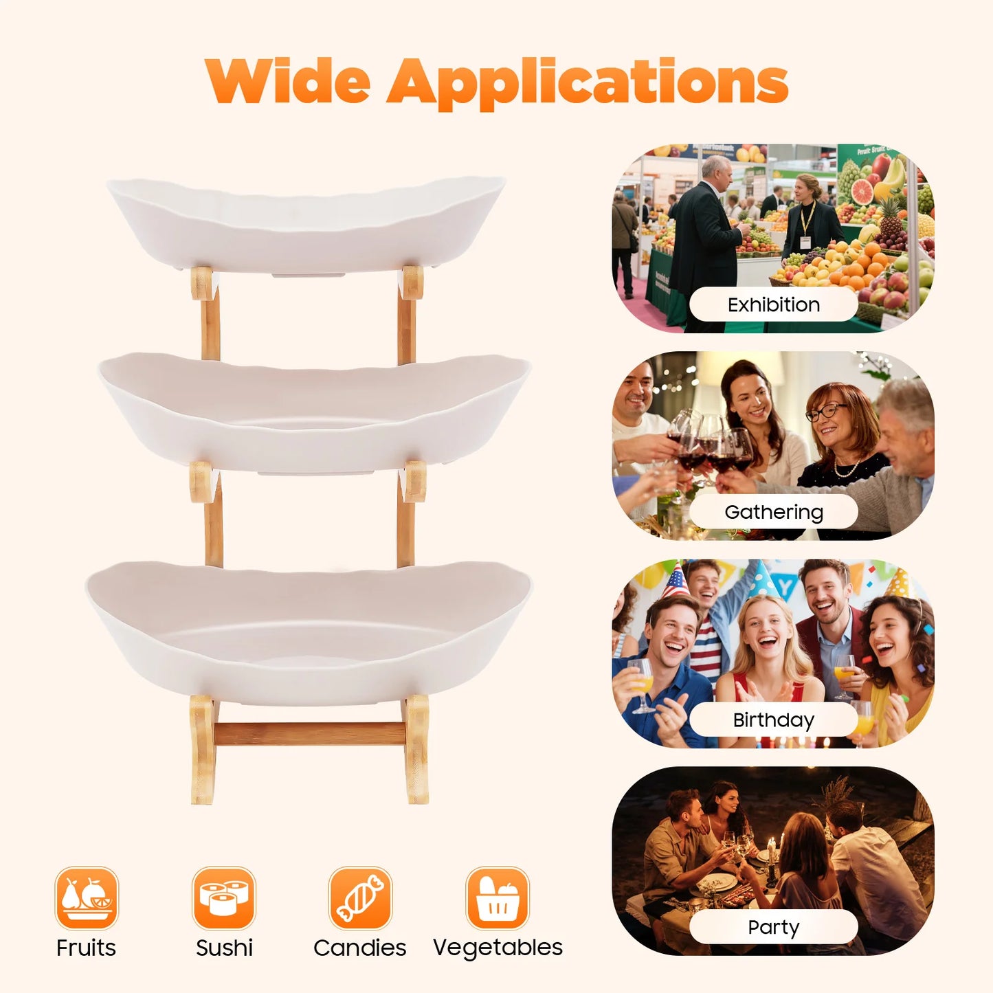 Hign-Concerned 3 Tier Fruit Plate With Bamboo Wood Stand