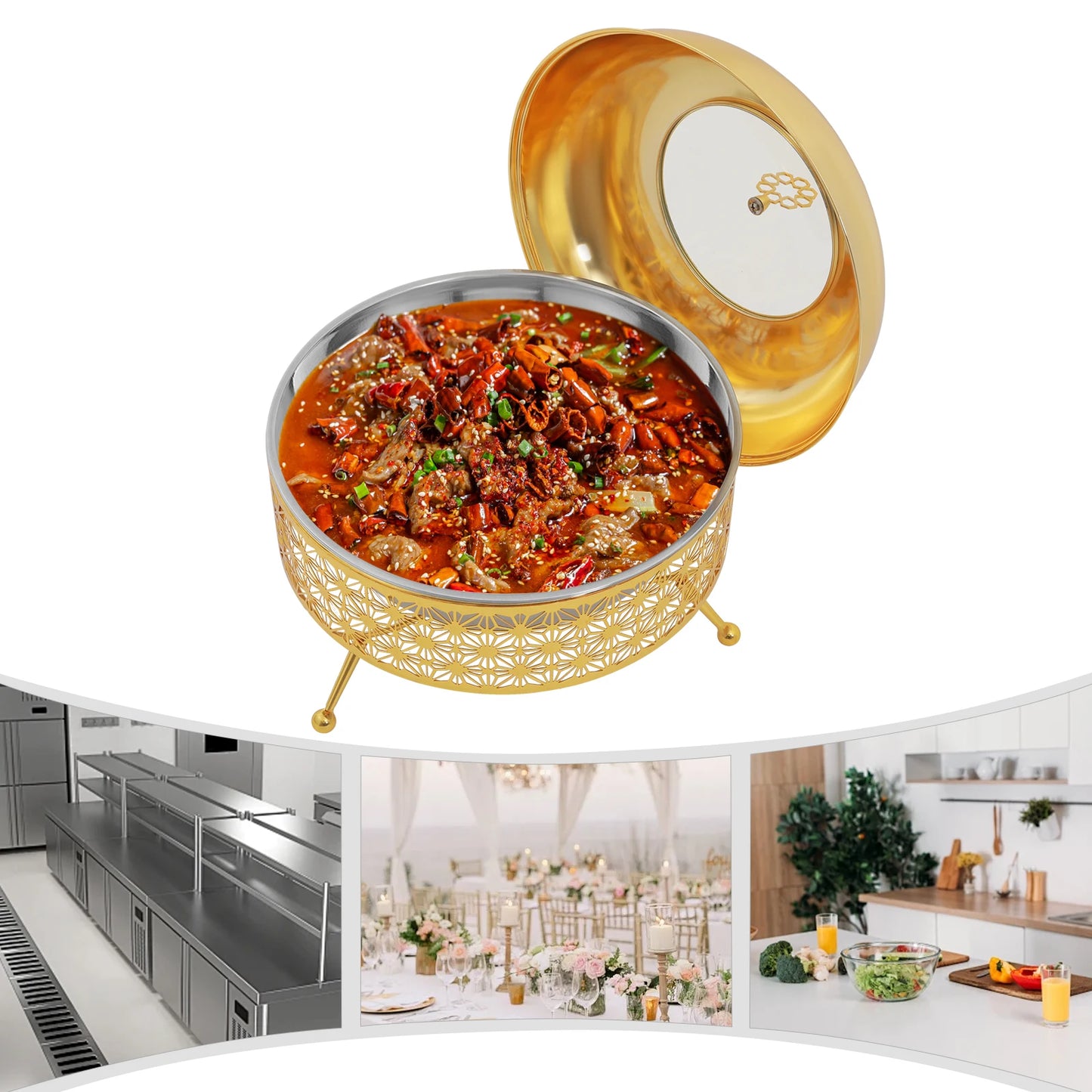 Gold Chafing Dishes for Buffet 8 L/8.38 Quart, Stainless Steel Round Chafer Buffet Servers and Warmers Set Large Food Warmer Chafer, for Weddings, Parties, Banquets, and Restaurants (8L/8.38QT)