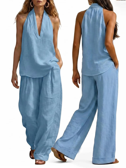 Women's Sleeveless V Neck Knit Top And Wide Leg Pants