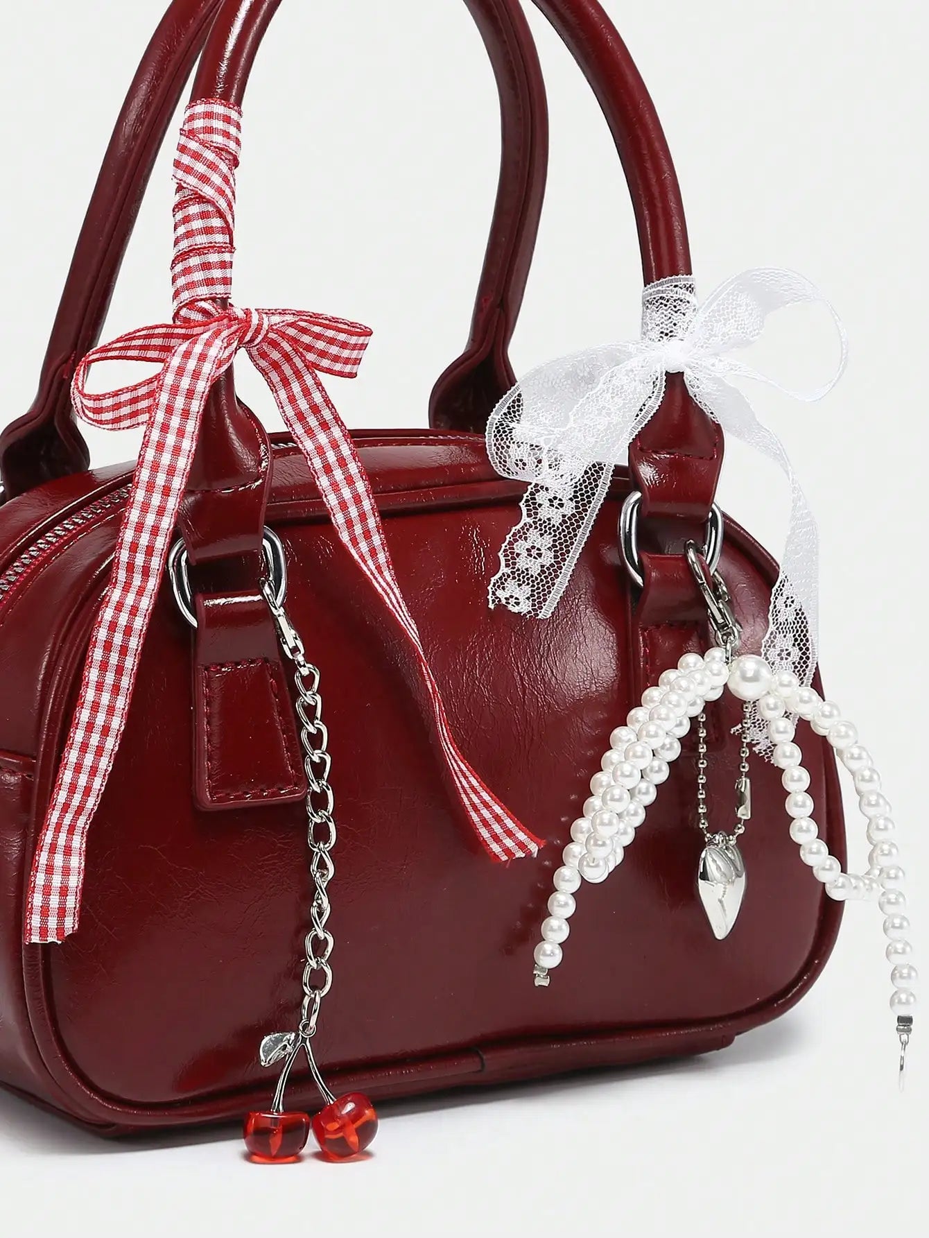 Womens Ballet Style Cherry Pearl Bow Mini Handbag Purse Kawaii