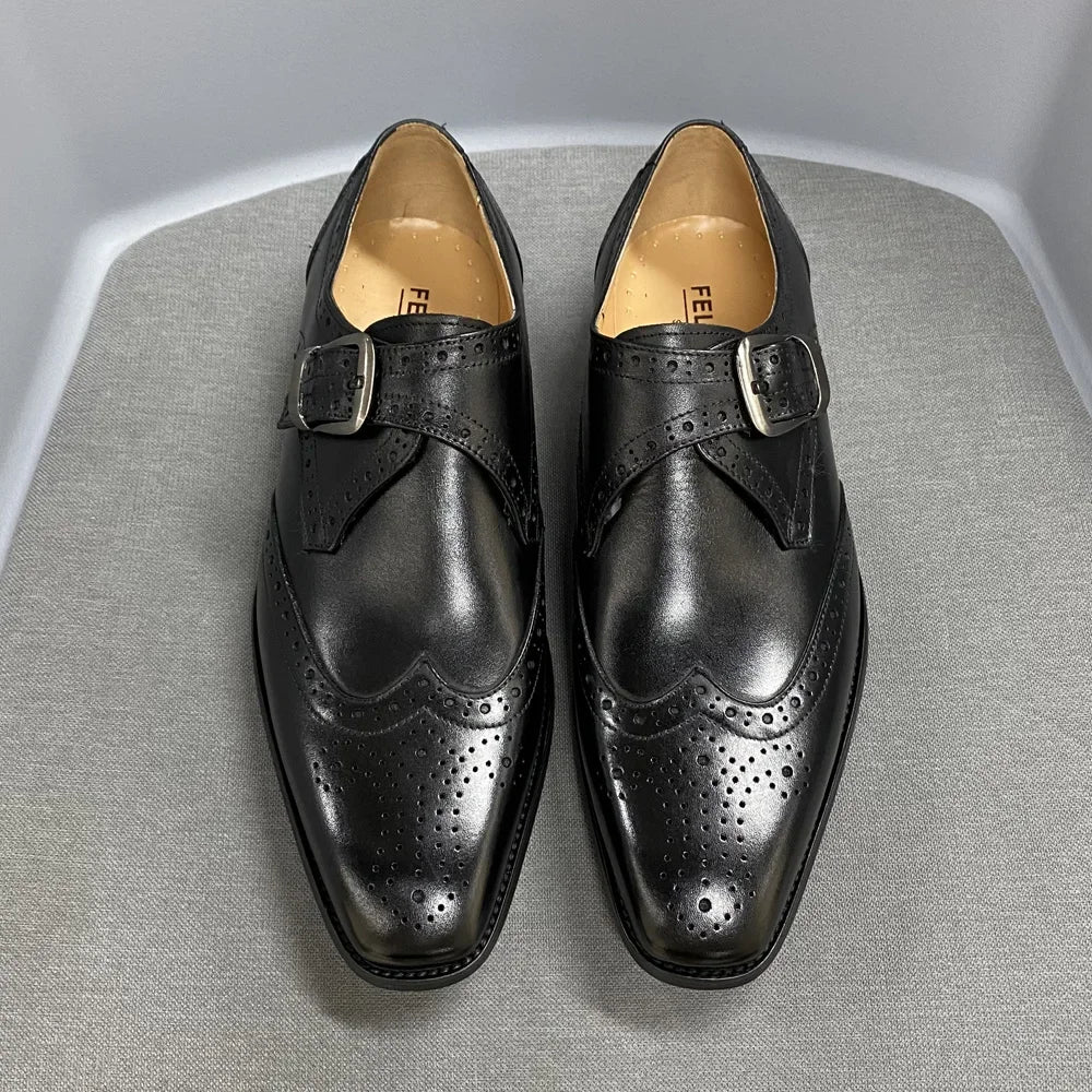 Felix Chu Mens Monk Strap Wingtip Buckle Dress Shoes