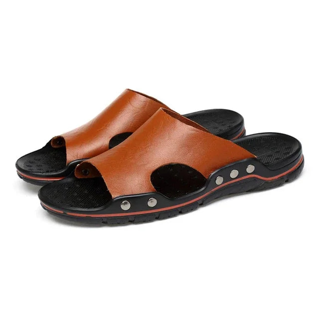 Big Running Mens Summer Slippers Leather Breathable Beach Sandals