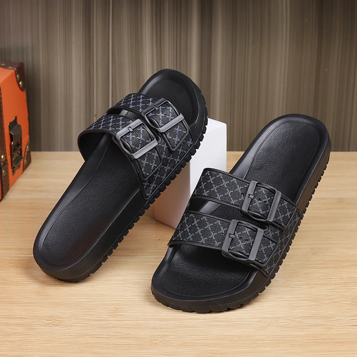 Mens Double Button Slippers Lightweight Breathable Home Wear