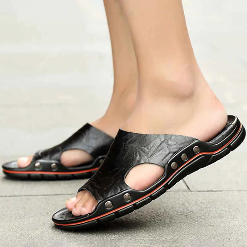 Big Running Mens Summer Slippers Leather Breathable Beach Sandals