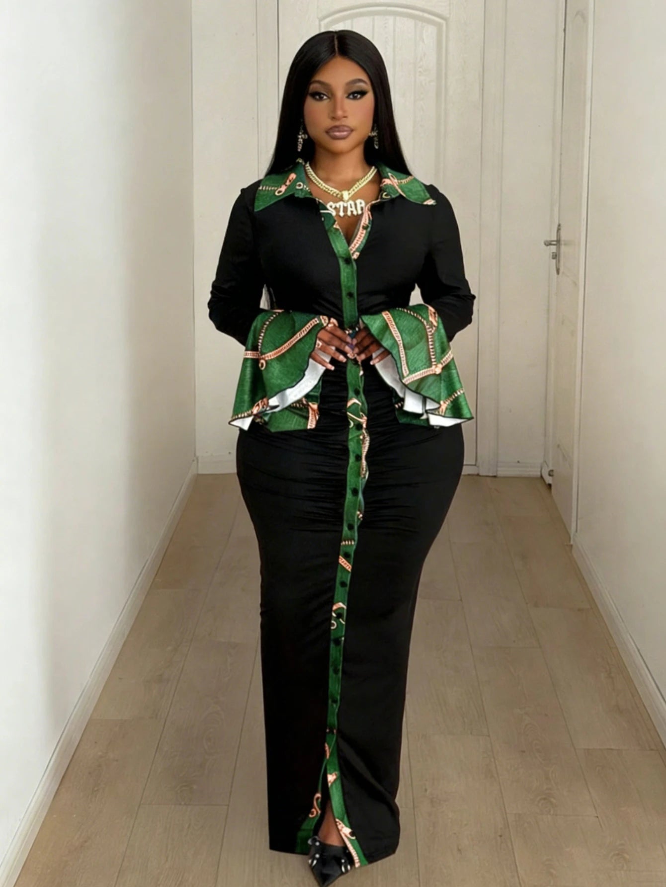 Women's Plus Size Collar Long Flare Sleeve Color Block Print Ruched Split Maxi Dress For Night Club Dinner Evening Party Fashion Occasions