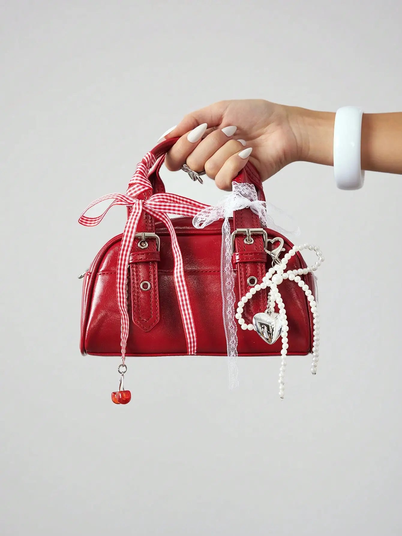 Womens Ballet Style Cherry Pearl Bow Mini Handbag Purse Kawaii