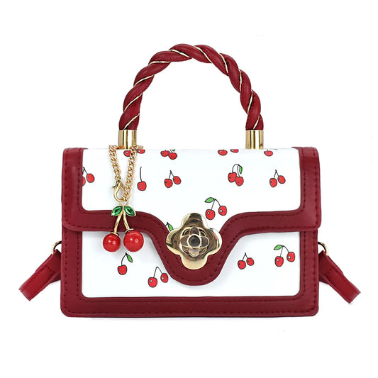 Women Mini Cherry Print Handbag Cute Twist Handle Crossbody Purse Flower Turn‑lock PU Leather Small Shoulder Bag With Cherry Pendant Removable Strap Fashion Daily Satchel Bag