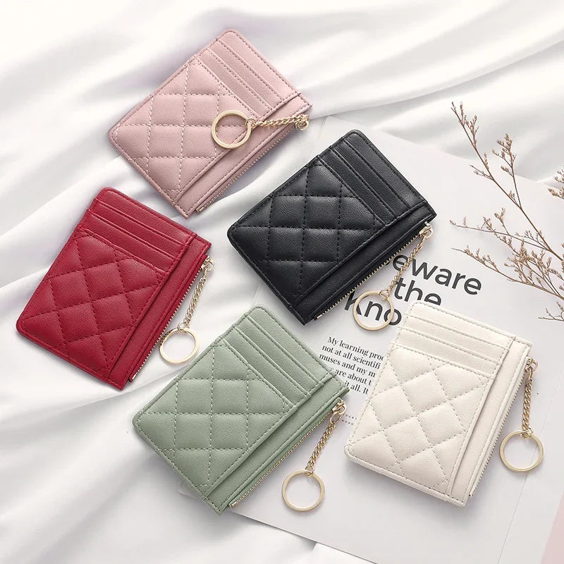 Quilted Minimalist Ring Mini Wallet With Card Slots And ID Holder Faux Leather