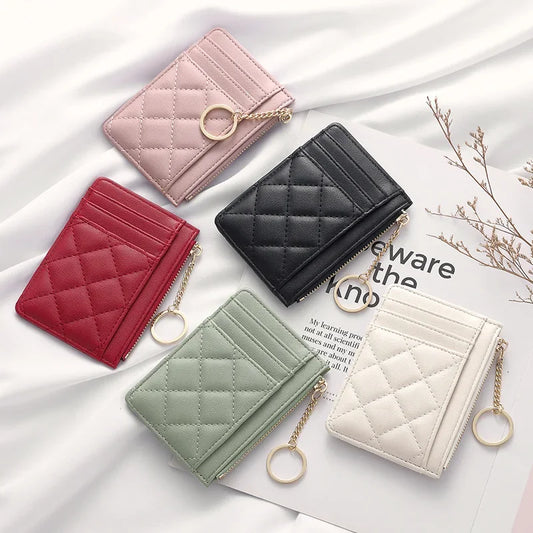 Quilted Minimalist Ring Mini Wallet With Card Slots And ID Holder Faux Leather