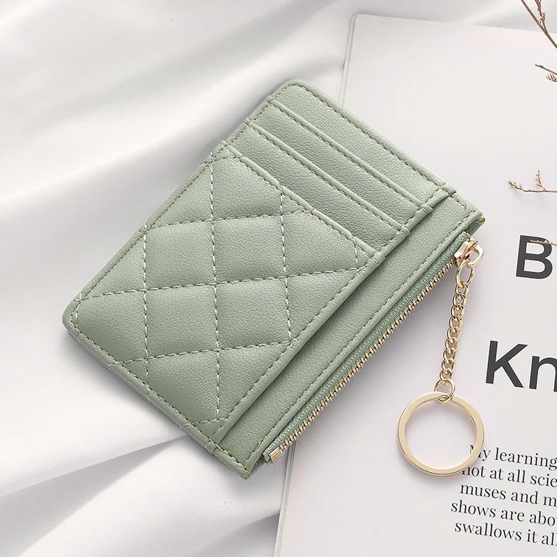 Quilted Minimalist Ring Mini Wallet With Card Slots And ID Holder Faux Leather