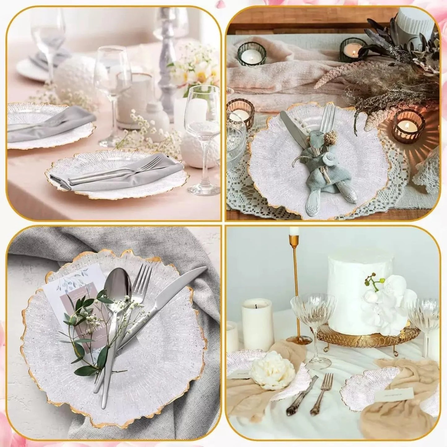 100pcs Transparent Plates for Home and Commercial Parties, 32 Cm, Plastic, W/ Gold-coloured Beaded Edge, for Wedding, Birthday, Bridal Party, Dinner, Table Decoration