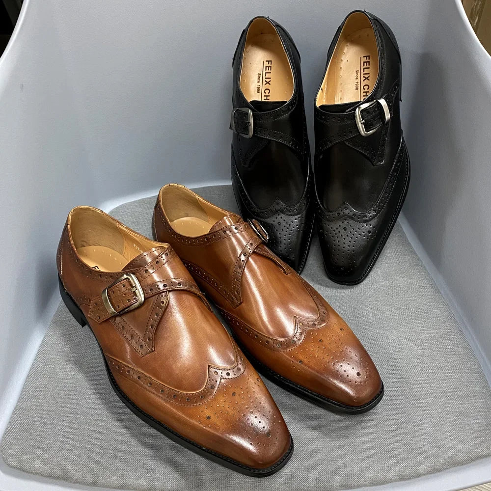 Felix Chu Mens Monk Strap Wingtip Buckle Dress Shoes