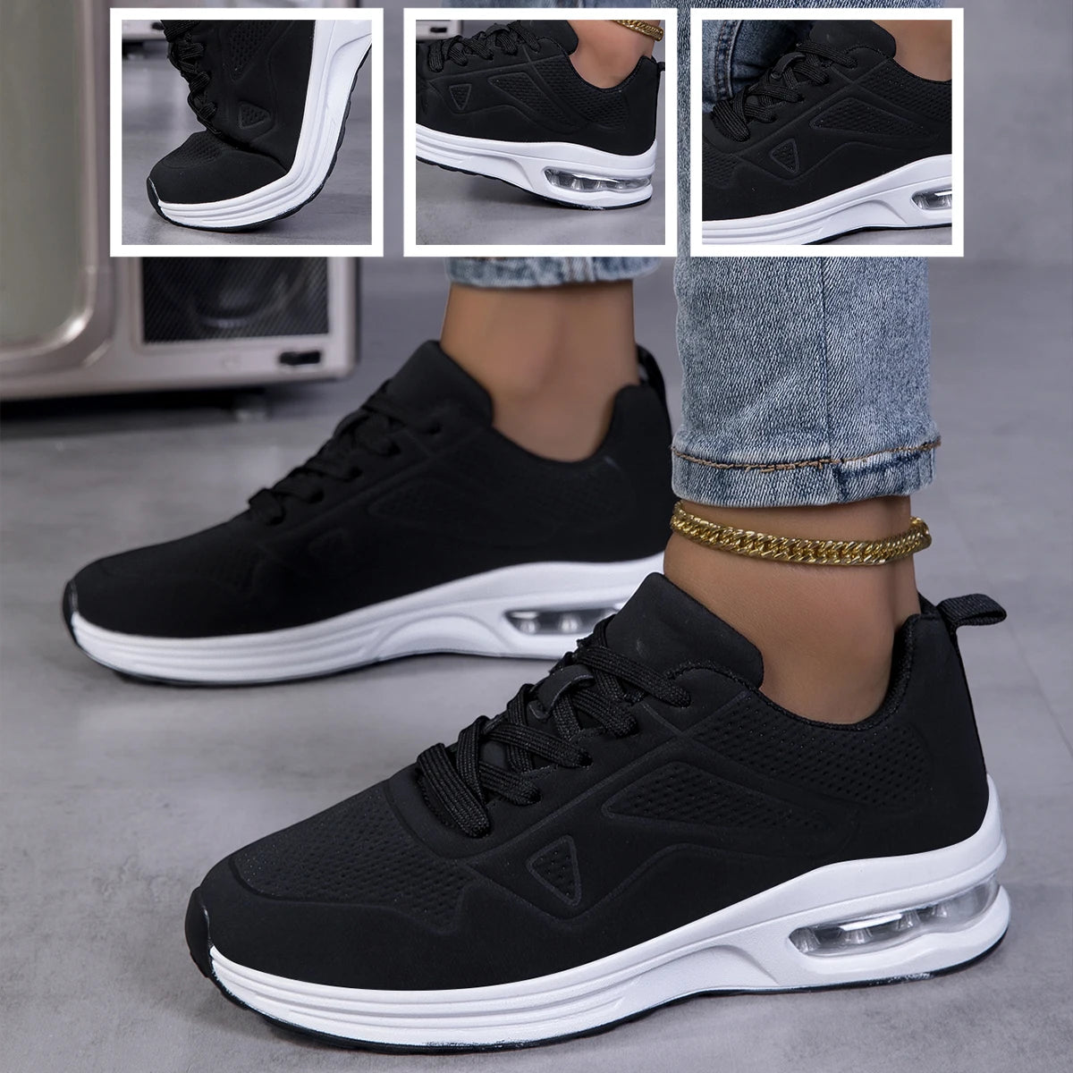 Women Air Cushion Walking Sneakers Breathable Upper Lace Up Lightweight