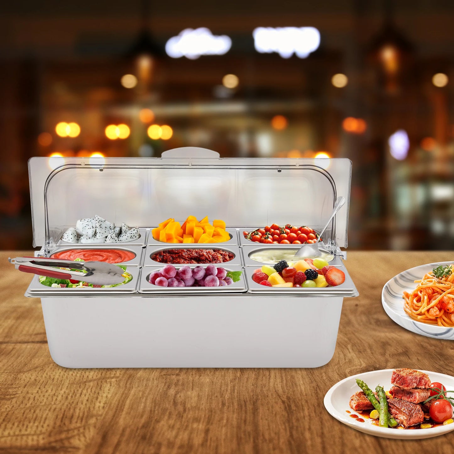 9 Compartment Stainless Steel Serving Tray, Flip Top PC Cover With Snap Lock 201 Stainless Fruit Container Matched 9 Spoons 9 Clamps 3 Ice Water Bags Desktop Buffet Fresh Food Storage Tray
