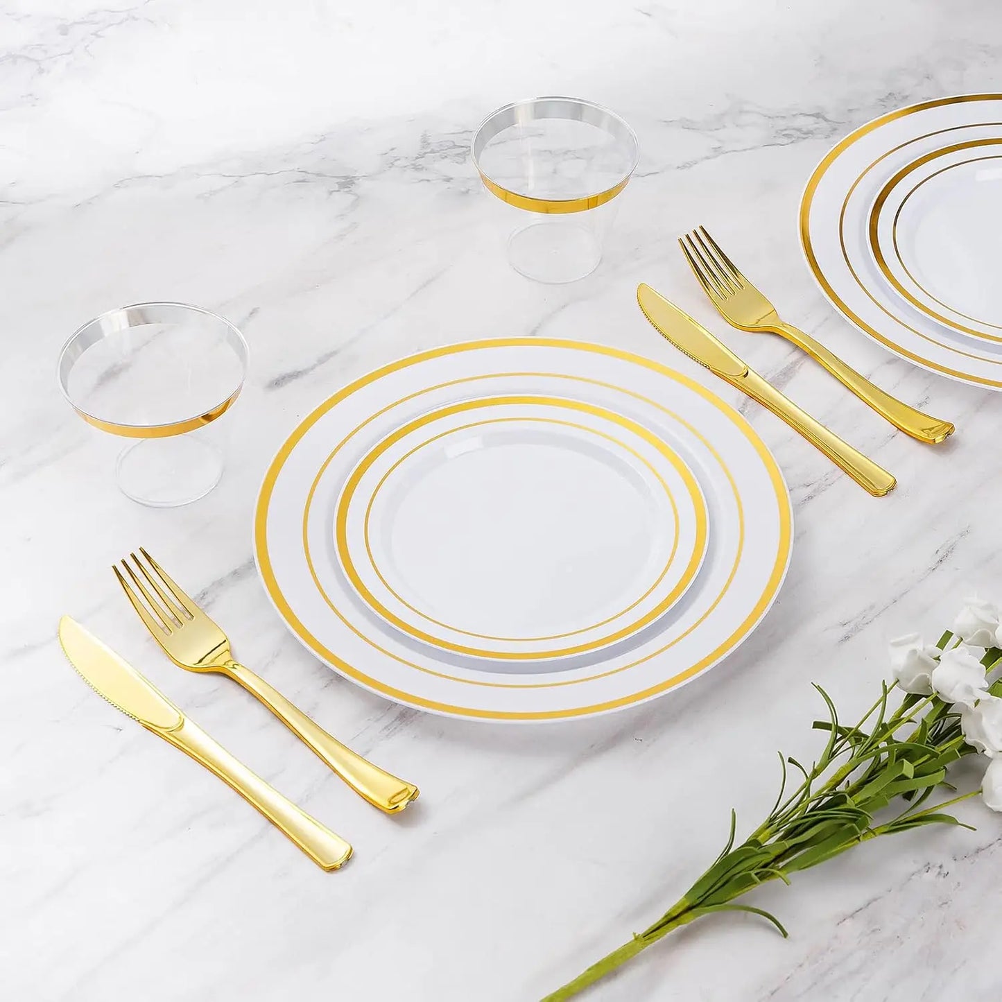 700 Piece Gold Dinnerware Set for 100 Guests, Disposable for Party, Include: 100 Gold Rim Dinner Plates, 100 Dessert Pl