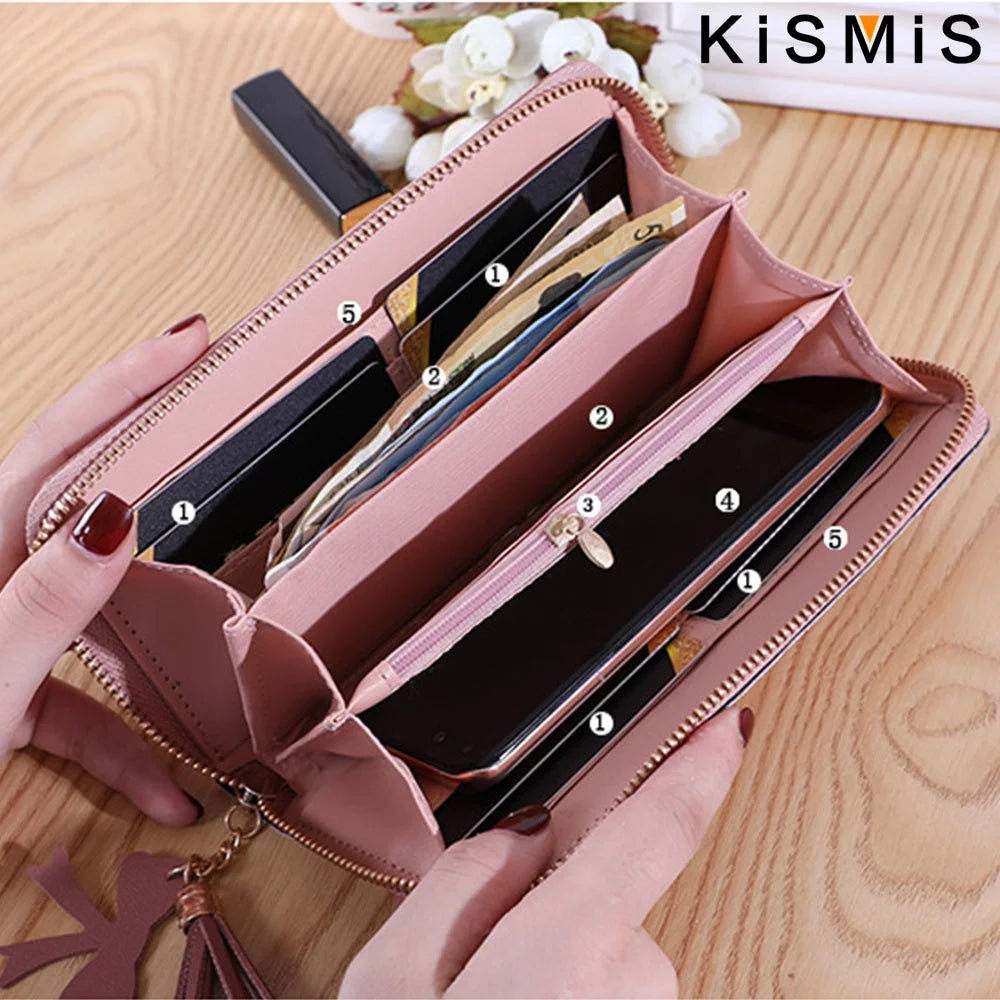 Women Wallet Korean Style Purse Patchwork Clutch Tassel Rivet Details Long Zipper Wallet Card Holder Wristlet Handbag Fashion Ladies Leather Large Capacity Multi Function Phone Pocket For Shopping Daily Use Teen Girls Elegant