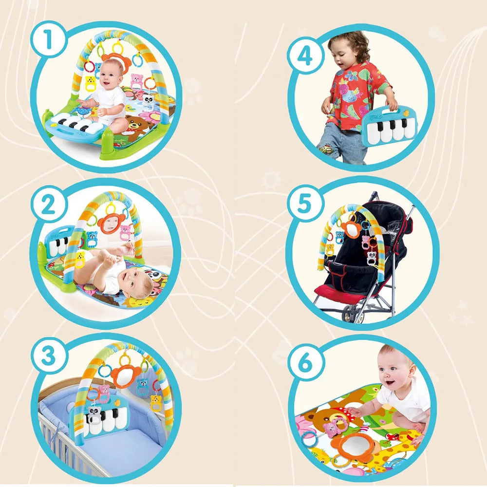 Baby Piano Gym Playmat Music Led Lights Hanging Toys Mirror
