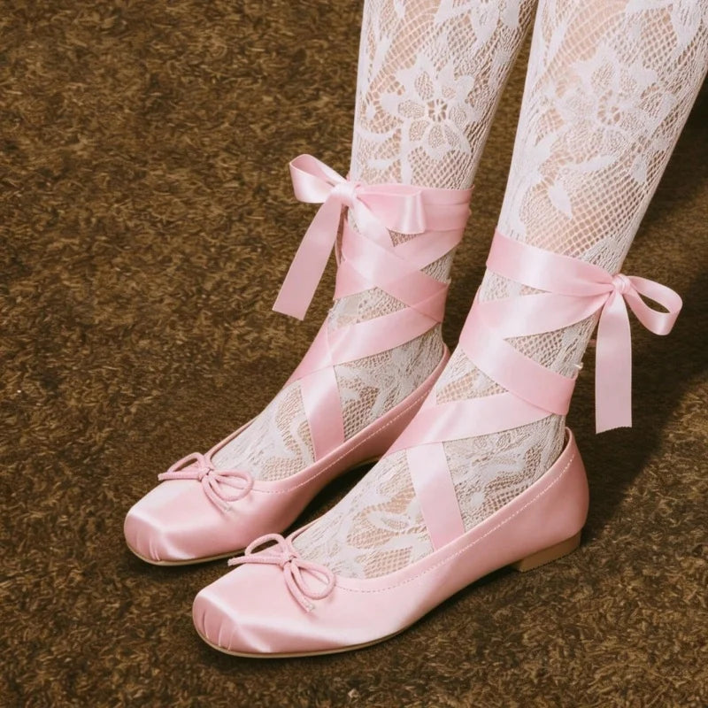 Women Satin Square Toe Ballet Flats With Ankle Ribbon Bow