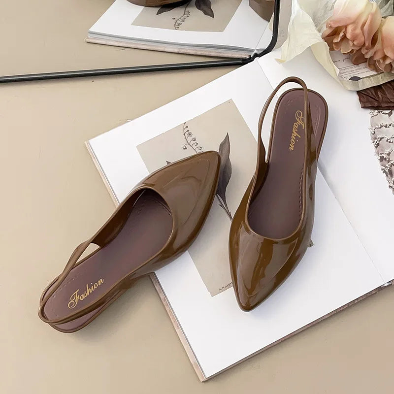 Patent Leather Pointed Toe Slingback Flats With Low Block Heel