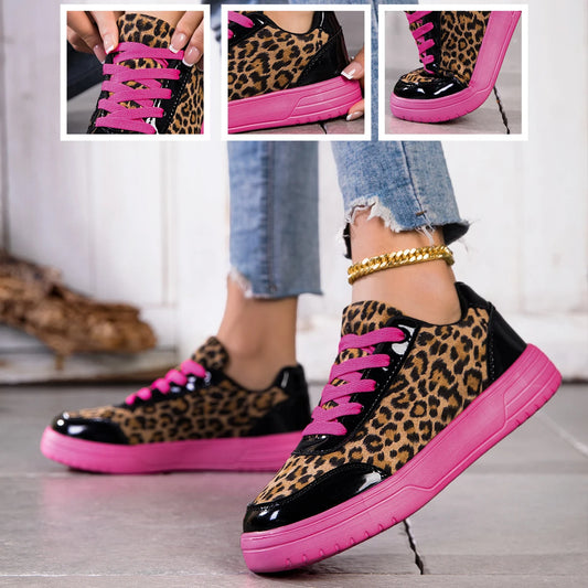 Women Leopard Print Platform Sneakers Lace Up Non Slip Casual Shoes
