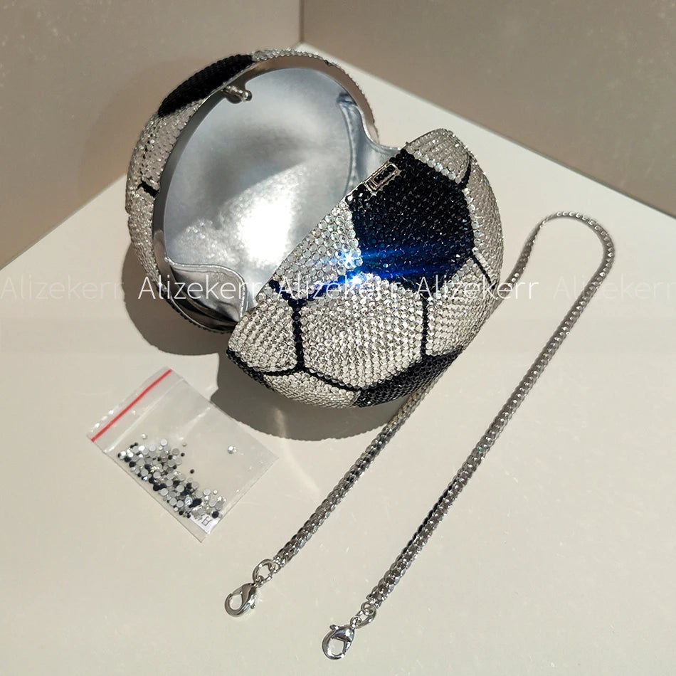 Alizekerr Football Shaped Crystal Evening Bags Women 2025 Boutique Unique Rhinestone Metallic Purses And Handbags Wedding Party