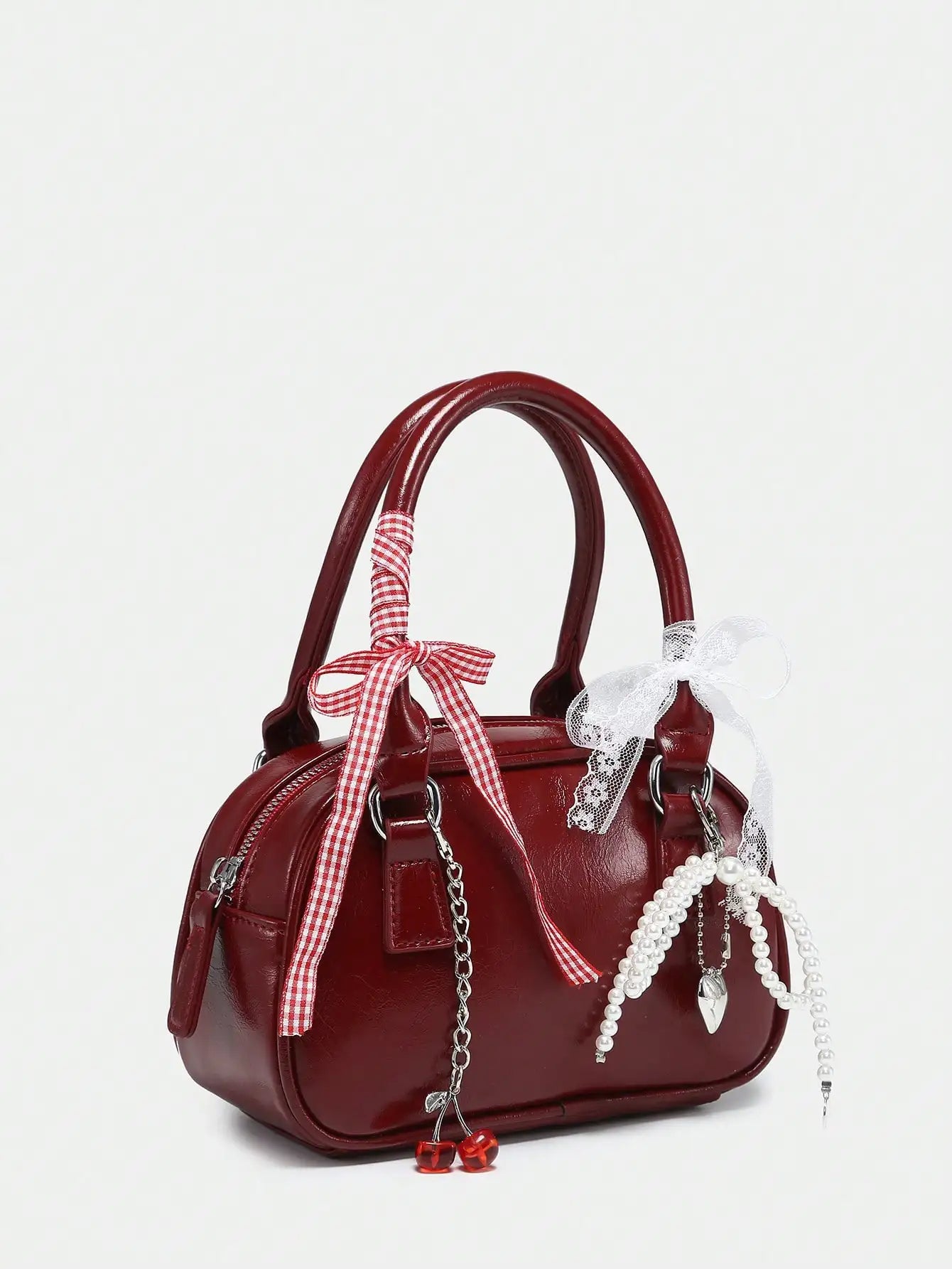 Womens Ballet Style Cherry Pearl Bow Mini Handbag Purse Kawaii