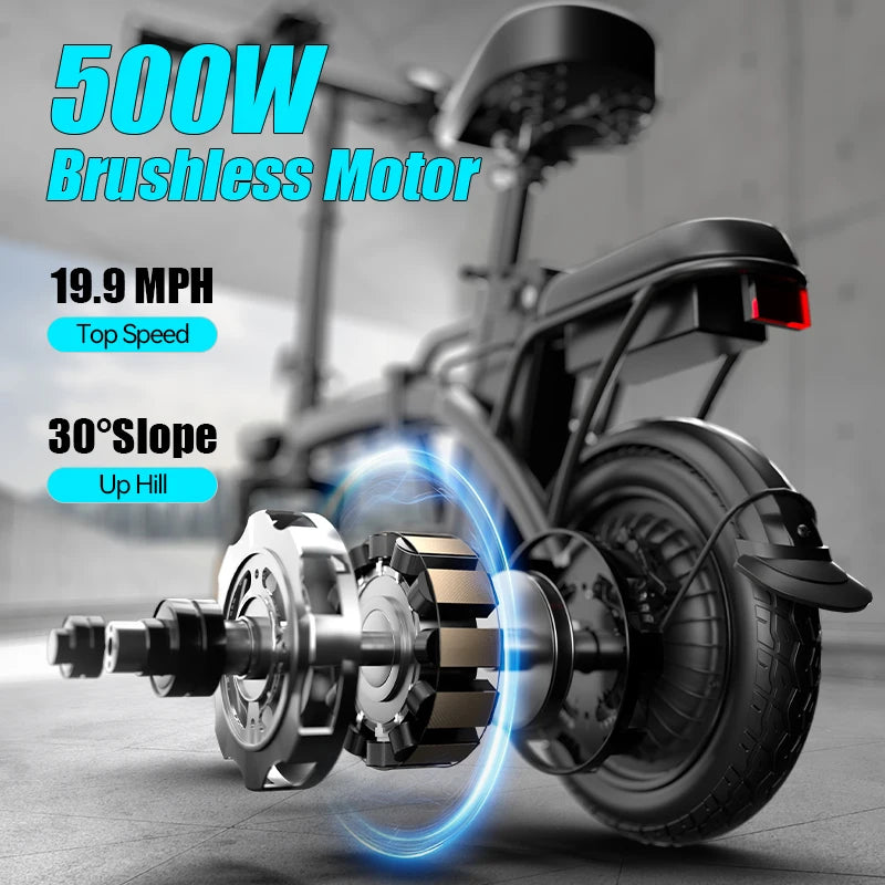 500W Electric Bicycles Ebike E-Bike For Adults, 3-Riding Modes, 14' Foldable Ebike, With Charger And Battery, MAX Speed 19.9 MPH, Dual Disc Brakes, With A Basket And Lock, Durable And Lightweight Frame, All-Terrain Foldable E
