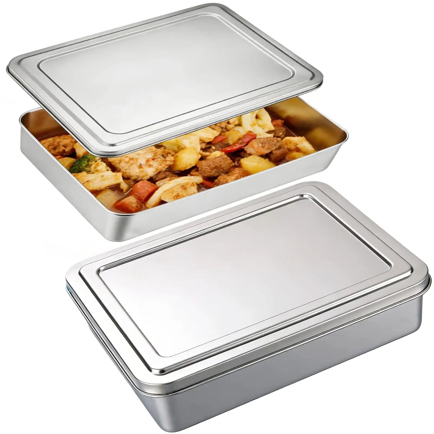 Stainless Steel Food Containers with Steel Lids, Stainless Steel Ice Cream Containers, Refrigerated Prepared Food Storage Boxes, Lidded Containers ,Tiramisu Container(11*9*2.7in/142 Fl Oz 2-pack)