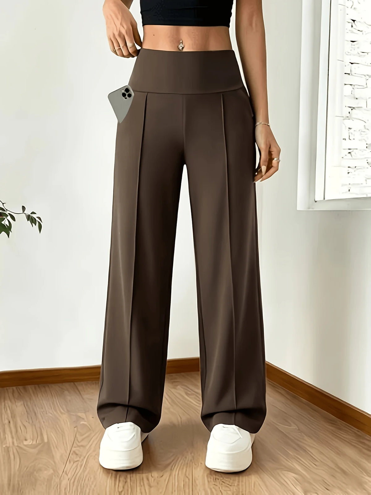 2pcs Women's Casual High-Stretch Straight-Leg High-Waist Trousers, Autumn Women's Fashion, Elegant Tie-Waist Wide-Leg Pants, Summer, Machine Washable, for Casual and Vacation Wear