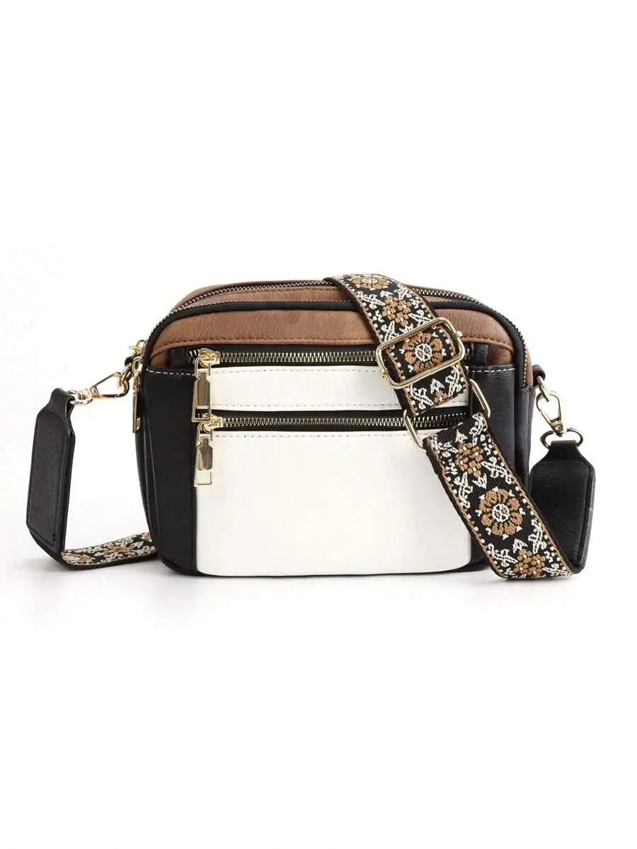 New Quilted Embroidery Grid Colorblocking Retro Shoulder Bag Zipper Shoulder Crossbody Purse Small Square Bag