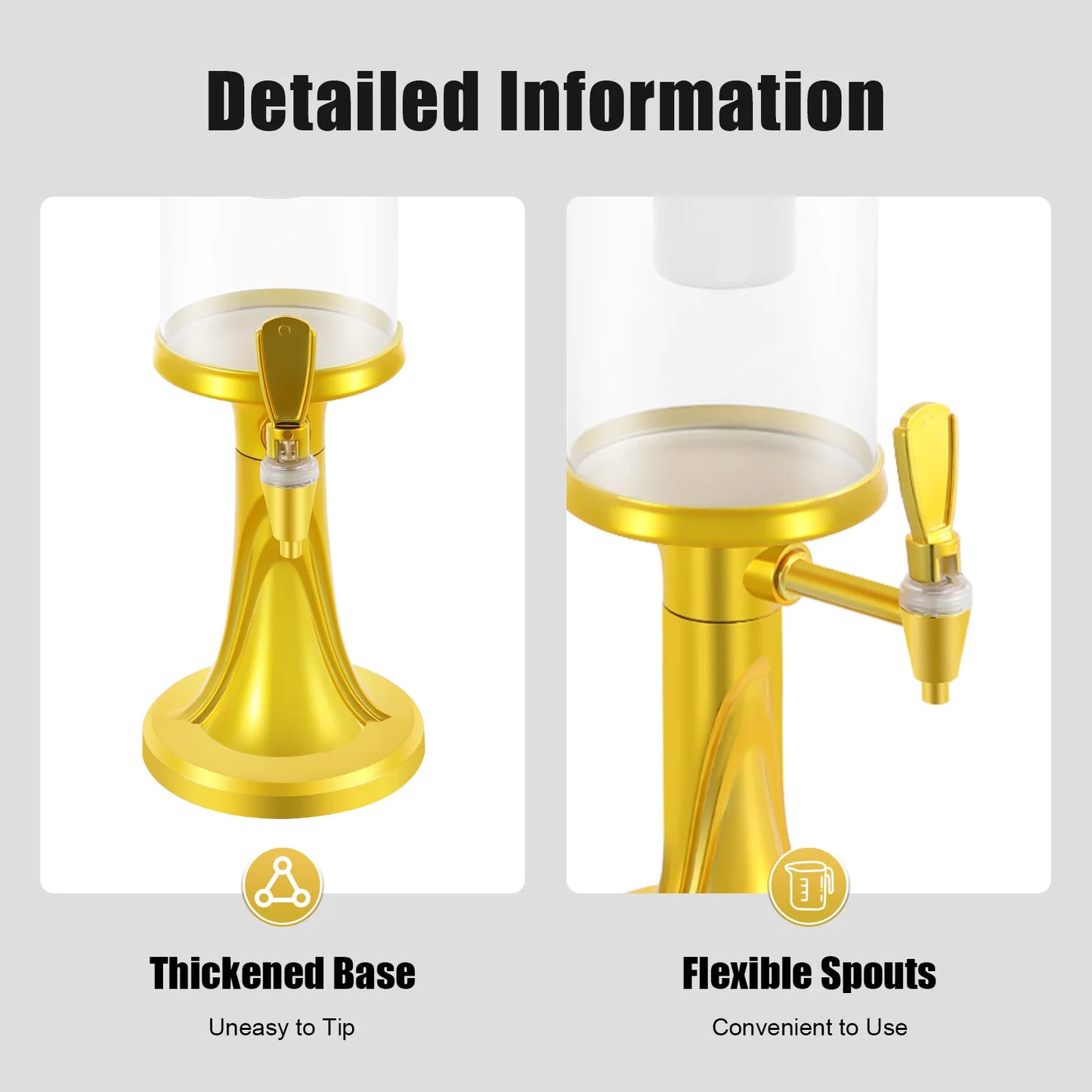 3L Gold Beer Tower Beverage Dispenser with LED Color Changing Light Built-in Ice Tube Cool Drink Dispenser Food Grade PET ABS