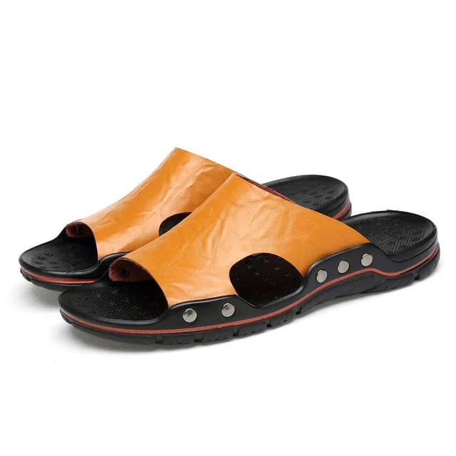 Big Running Mens Summer Slippers Leather Breathable Beach Sandals