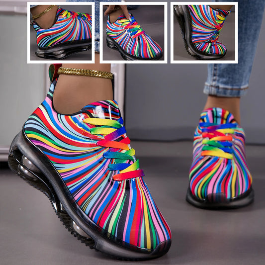 Women Swirl Stripe Air Cushion Sneakers Lace Up Shoes Lightweight