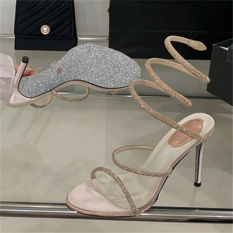 Crystal Diamonds Ankle Strap Sandals Women Open Toe High Heels