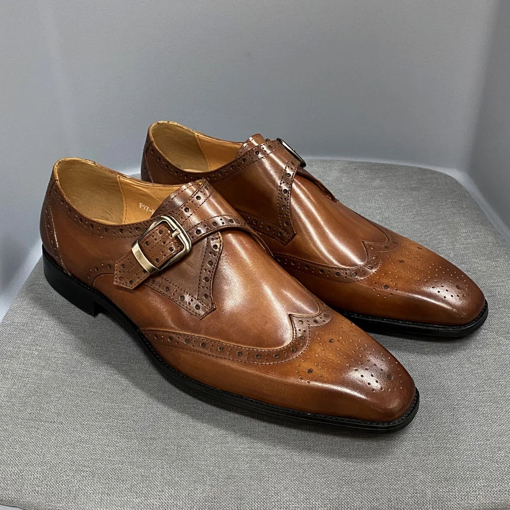 Felix Chu Mens Monk Strap Wingtip Buckle Dress Shoes