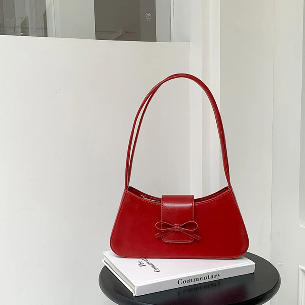 Sweet Bow Shoulder Bag PU Leather Fashion Handbag with Zipper Closure Everyday Purse Trendy Underarm Bag for Women and Girls