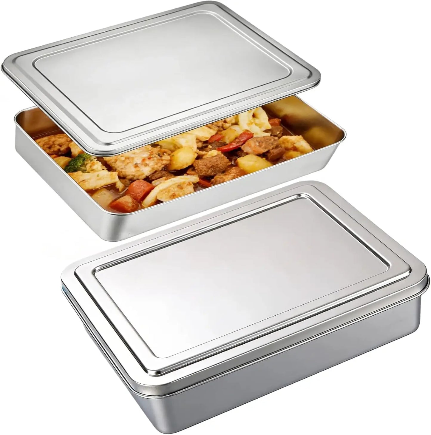 Stainless Steel Food Containers with Steel Lids, Stainless Steel Ice Cream Containers, Refrigerated Prepared Food Storage Boxes, Lidded Containers ,Tiramisu Container(11*9*2.7in/142 Fl Oz 2-pack)
