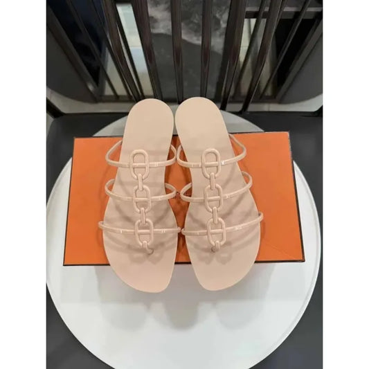 Women Diamond Surface Slippers Flat Bottom With Metal Buckle