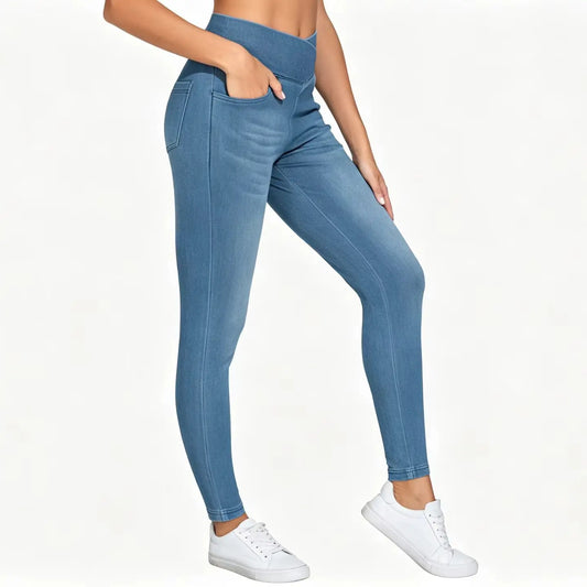 THE GYM PEOPLE Women's  High Waisted Skinny Denim Jegging Pants with Pockets V Cross Stretchy  Jean Leggings