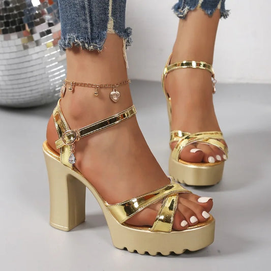 Women's Diamond Buckle Strap Square Platform Pumps With Wedge Heels