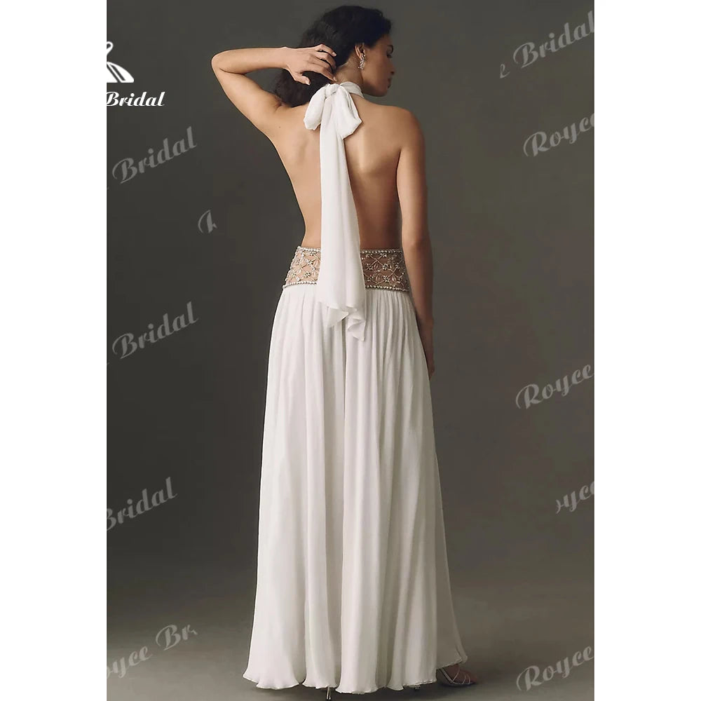Greciancore White Halter Beaded Women's Formal Evening Gowns Cutout Chiffon Prom Dress High Slit Evening Dress Customized