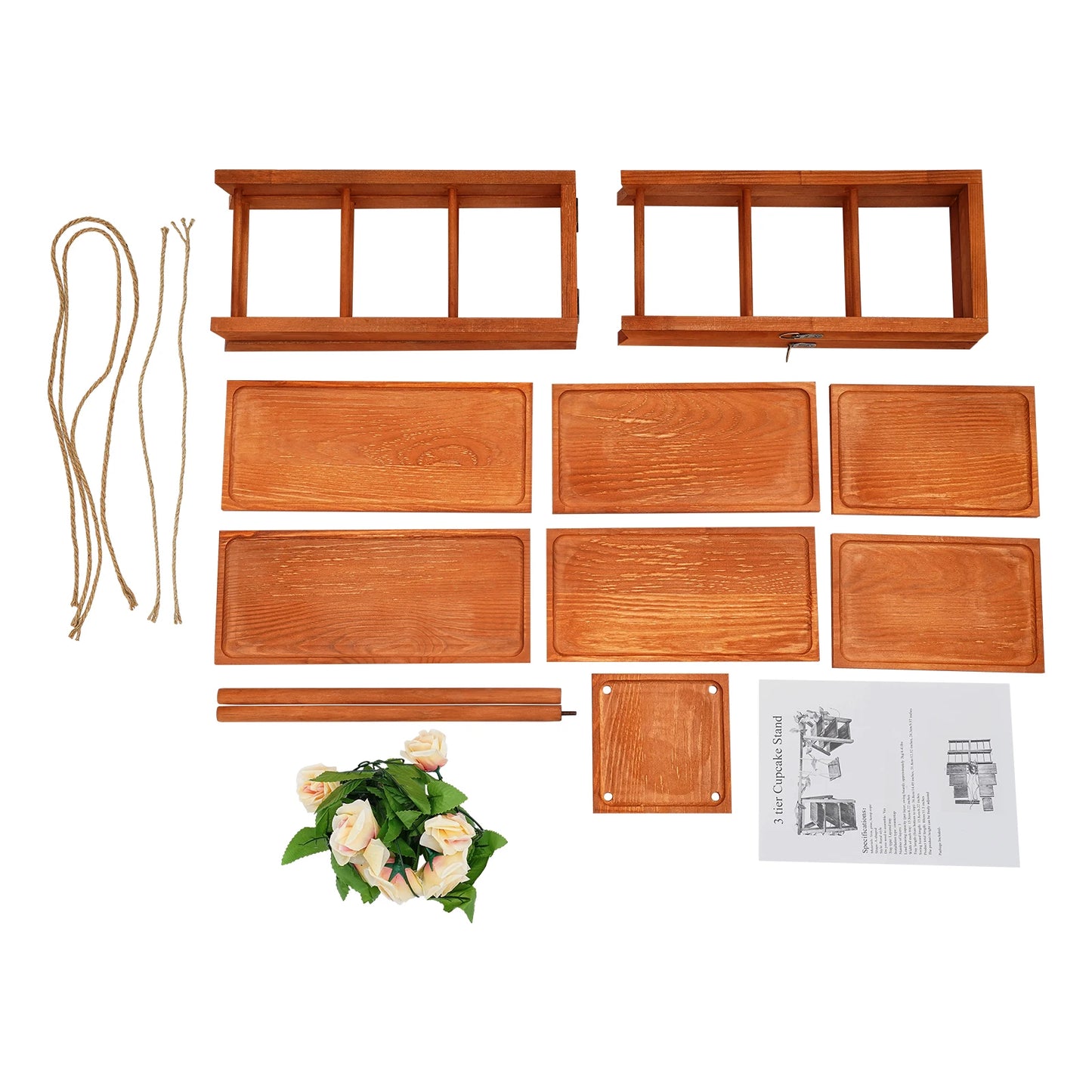 3-Tier Wooden Cupcake & Dessert Display Stand with Swing and Flower Decoration Removable Tray  Party Food Display Set for Cake Snack Fruit Chips Bread Centerpieces Catering
