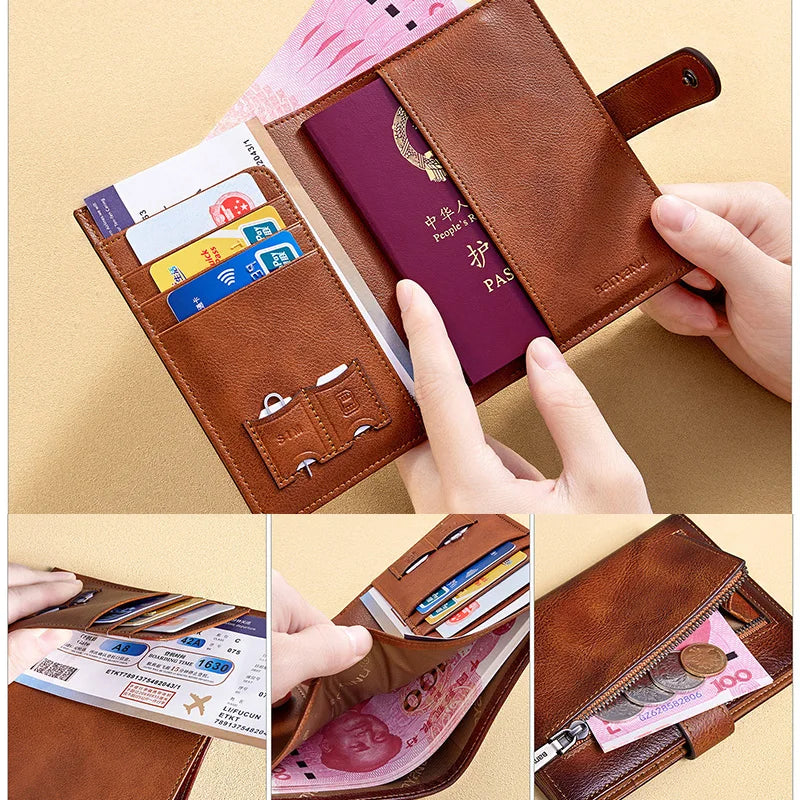 Genuine Top Layer Cowhide Passport Holder for Men Multifunction Ultra-thin Leather Wallet Portable Travel Ticket Card Organizer