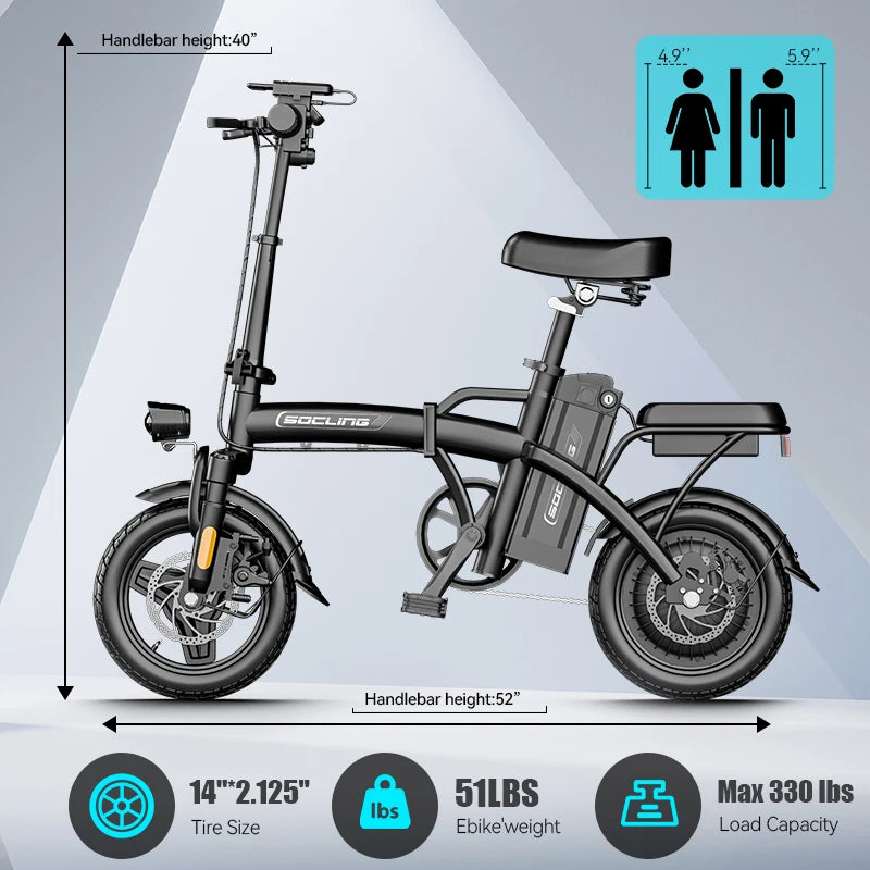 500W Electric Bicycles Ebike E-Bike For Adults, 3-Riding Modes, 14' Foldable Ebike, With Charger And Battery, MAX Speed 19.9 MPH, Dual Disc Brakes, With A Basket And Lock, Durable And Lightweight Frame, All-Terrain Foldable E