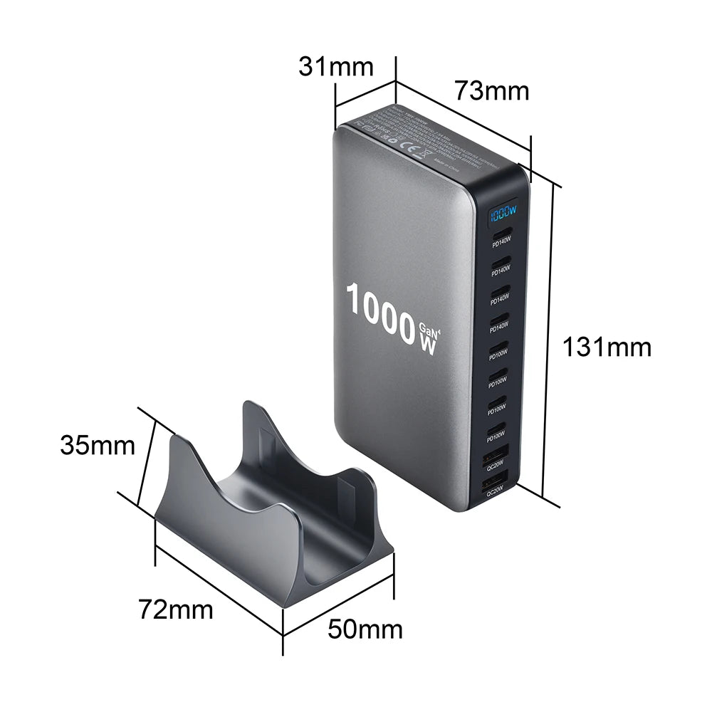 URVNS 1000W GaN USB C PD3.1 Charger Desktop 10 Port