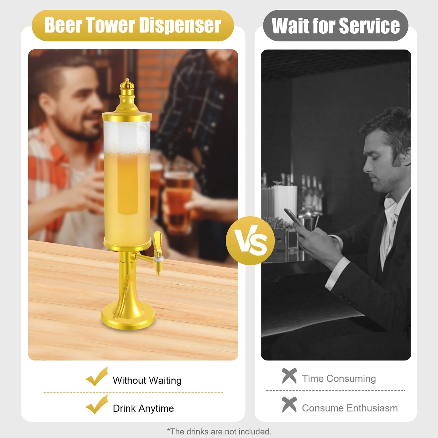 3L Gold Beer Tower Beverage Dispenser with LED Color Changing Light Built-in Ice Tube Cool Drink Dispenser Food Grade PET ABS