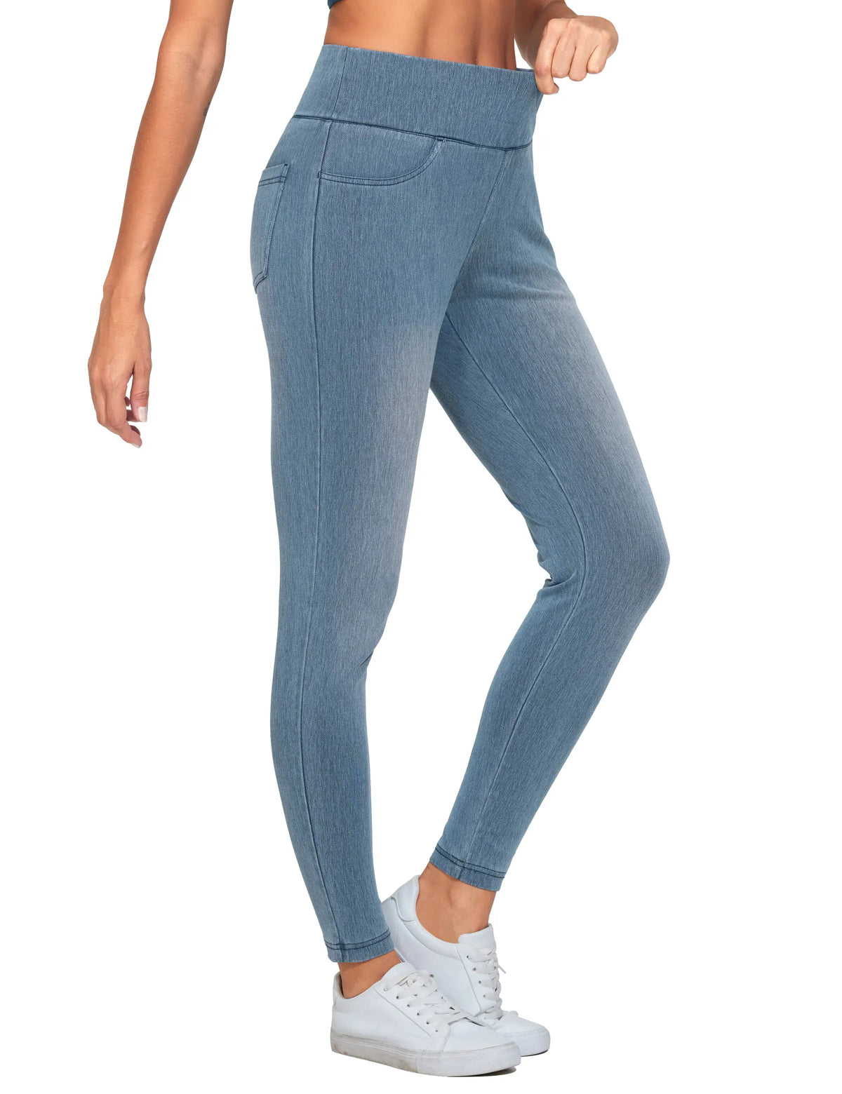 THE GYM PEOPLE Women's  High Waisted Skinny Denim Jegging Pants with Pockets V Cross Stretchy  Jean Leggings